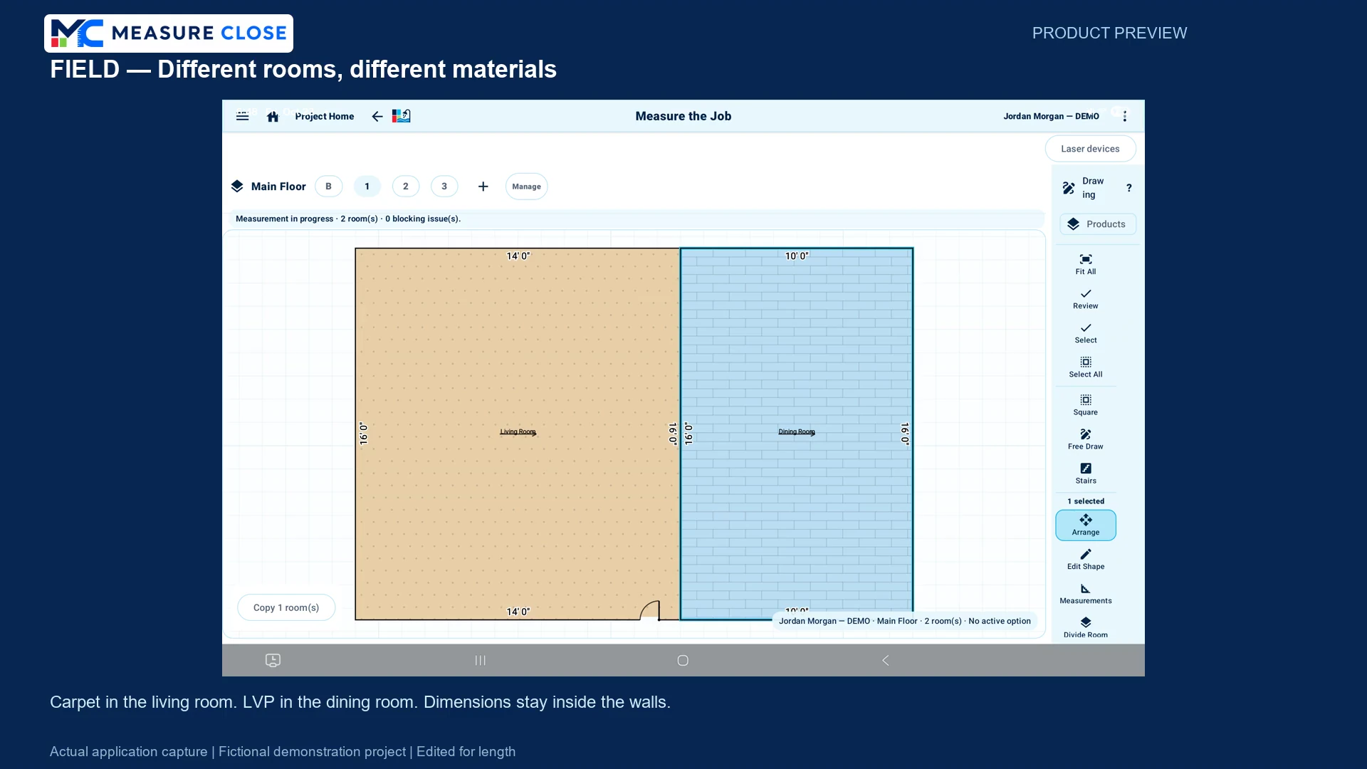 MeasureClose Field tablet displaying a measured room diagram from the approved flooring demonstration.