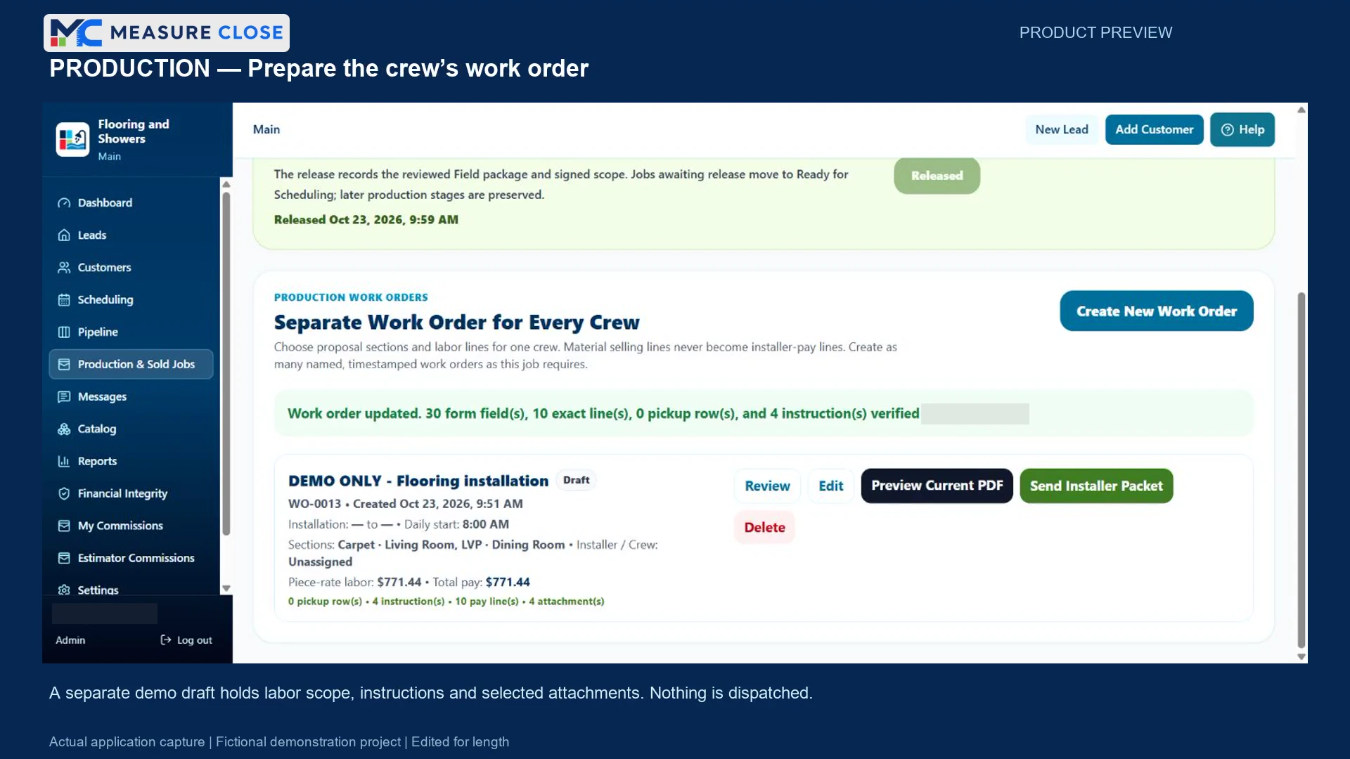 Main Office production view with a fictional draft crew work order, PDF, and installer-packet actions.