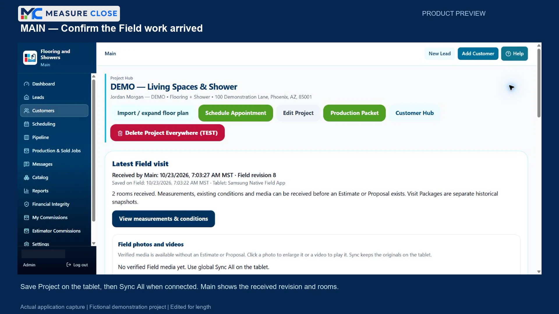 Main Office project hub showing a received Field visit for a fictional demonstration customer.